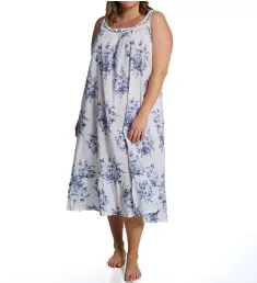 Plus 100% Cotton Woven S/L Floral Lace Yoke Gown White/Blue 1X