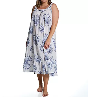 Plus 100% Cotton Woven S/L Floral Lace Yoke Gown White/Blue 1X