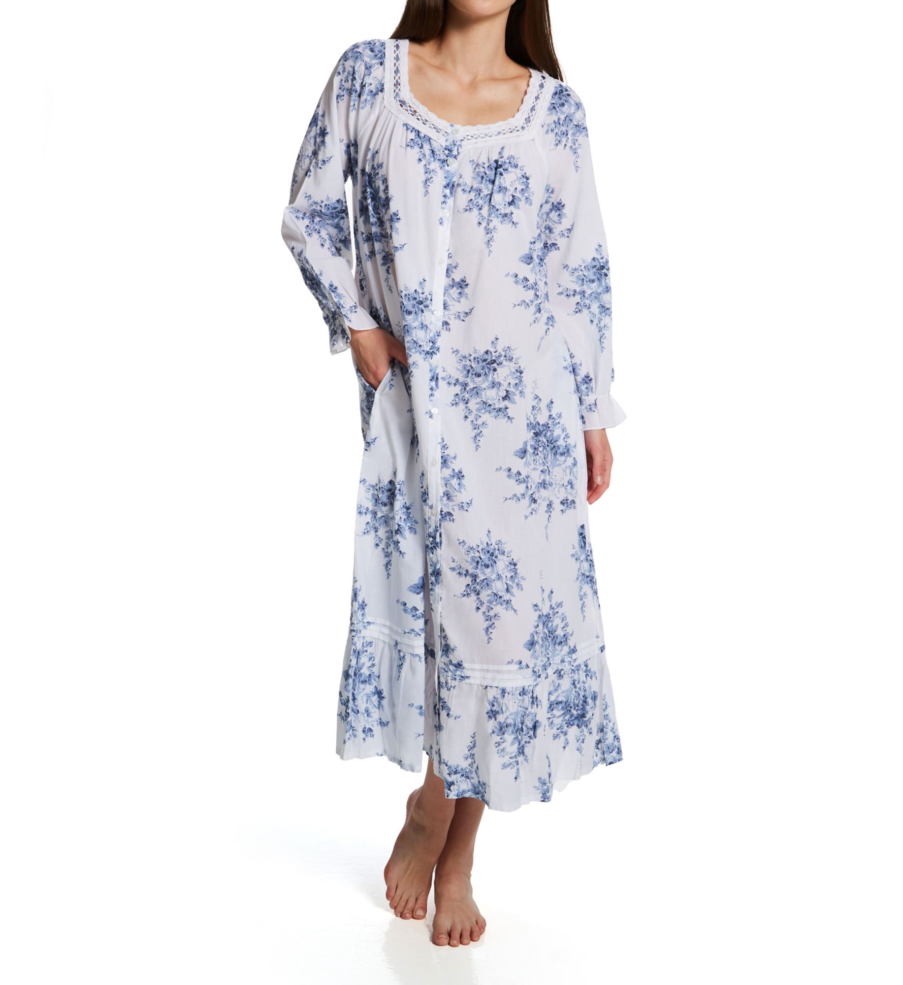 La Cera Women's 100% Cotton Woven Printed Floral Button Front Robe in White/Blue | Size: XL | HerRoom.com