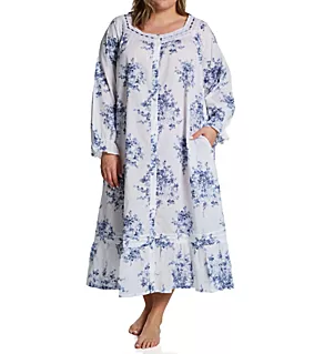 Plus 100% Cotton Woven Floral Button Front Robe White/Blue 1X