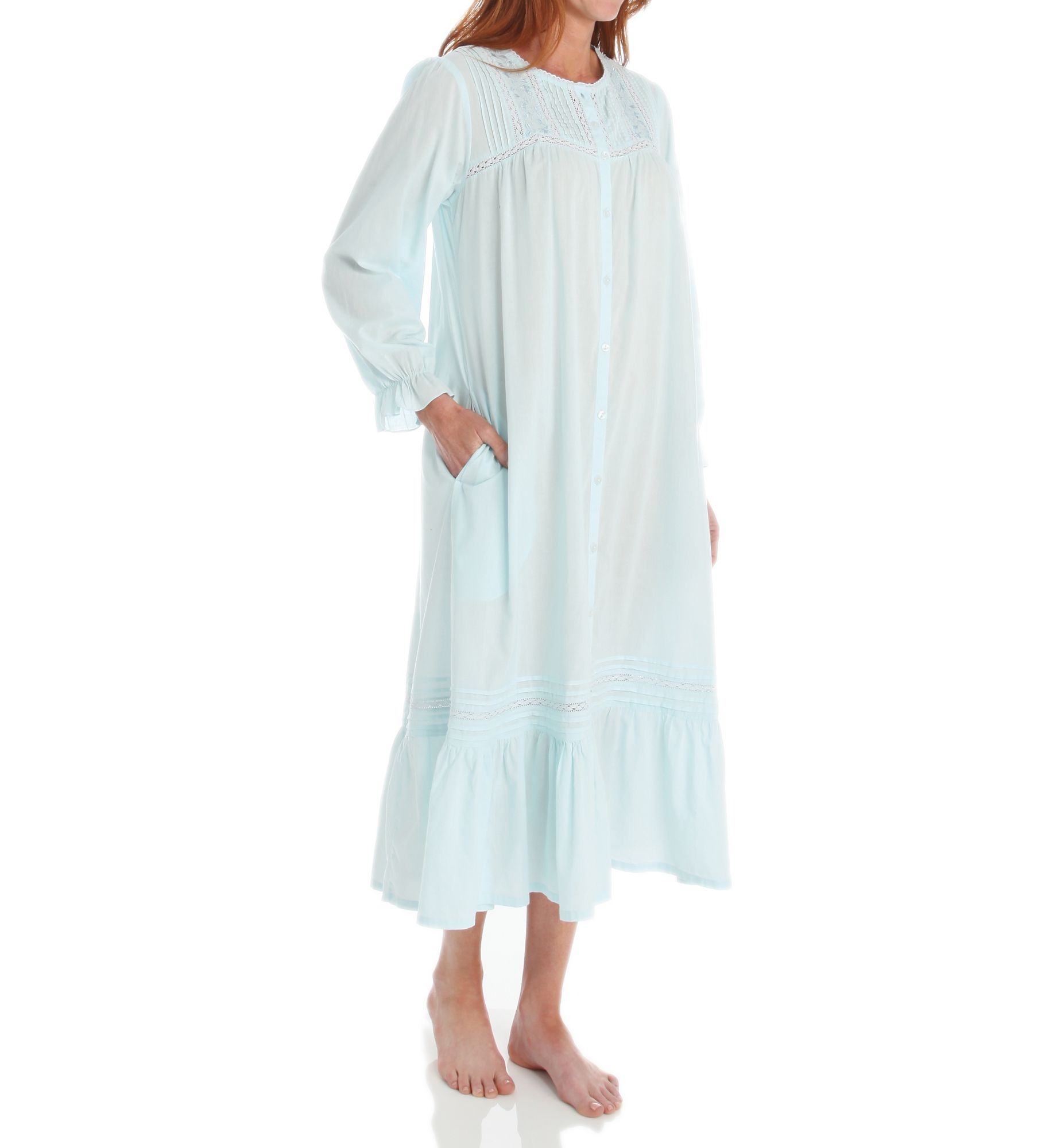La Cera Women's 100% Cotton Woven Crochet Long Sleeve Robe in Blue | Size: XL | HerRoom.com