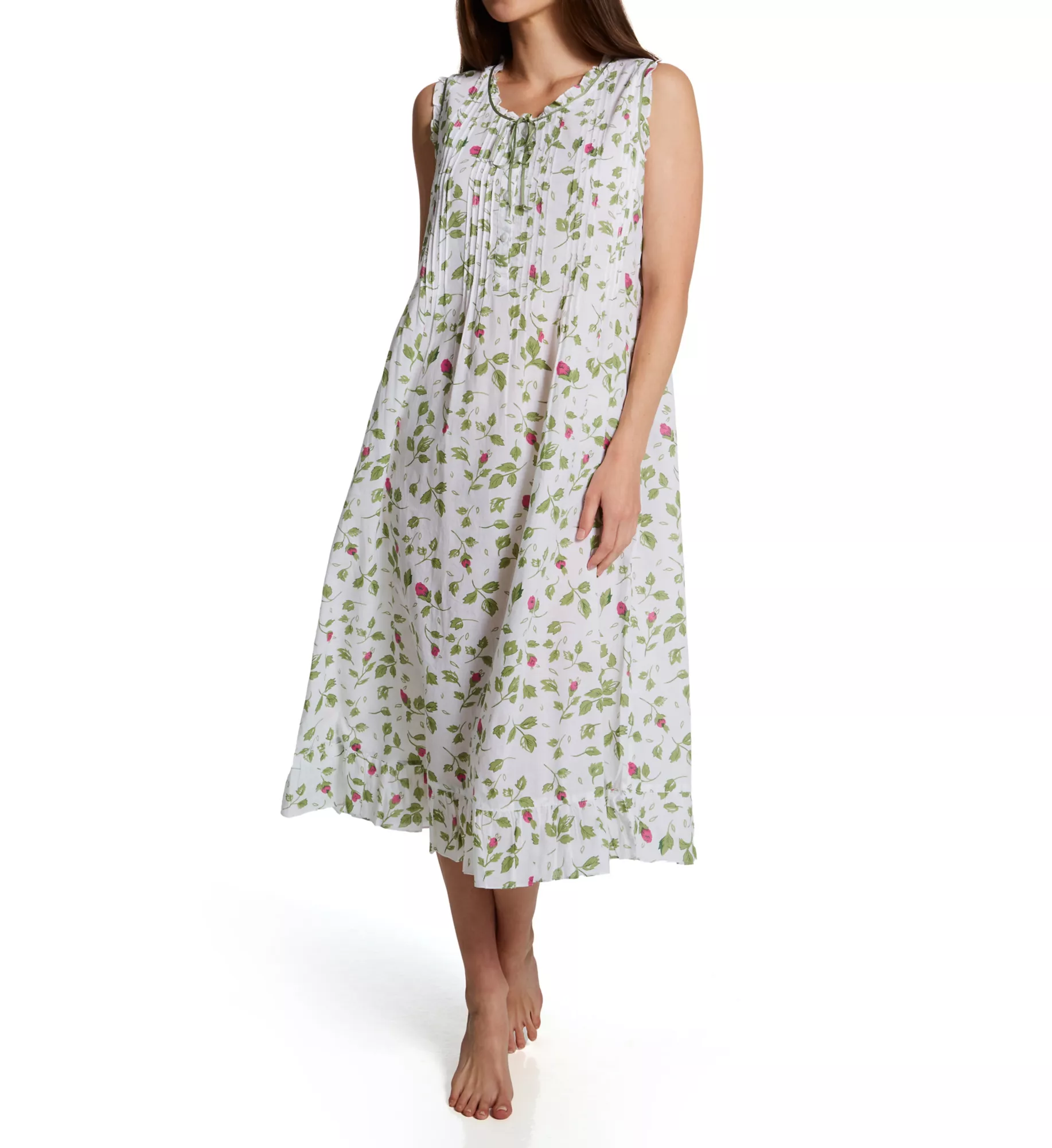 LA CERA Women's 100% Cotton Sleeveless Nightgown – Long, Ruffled Trim, Button Front