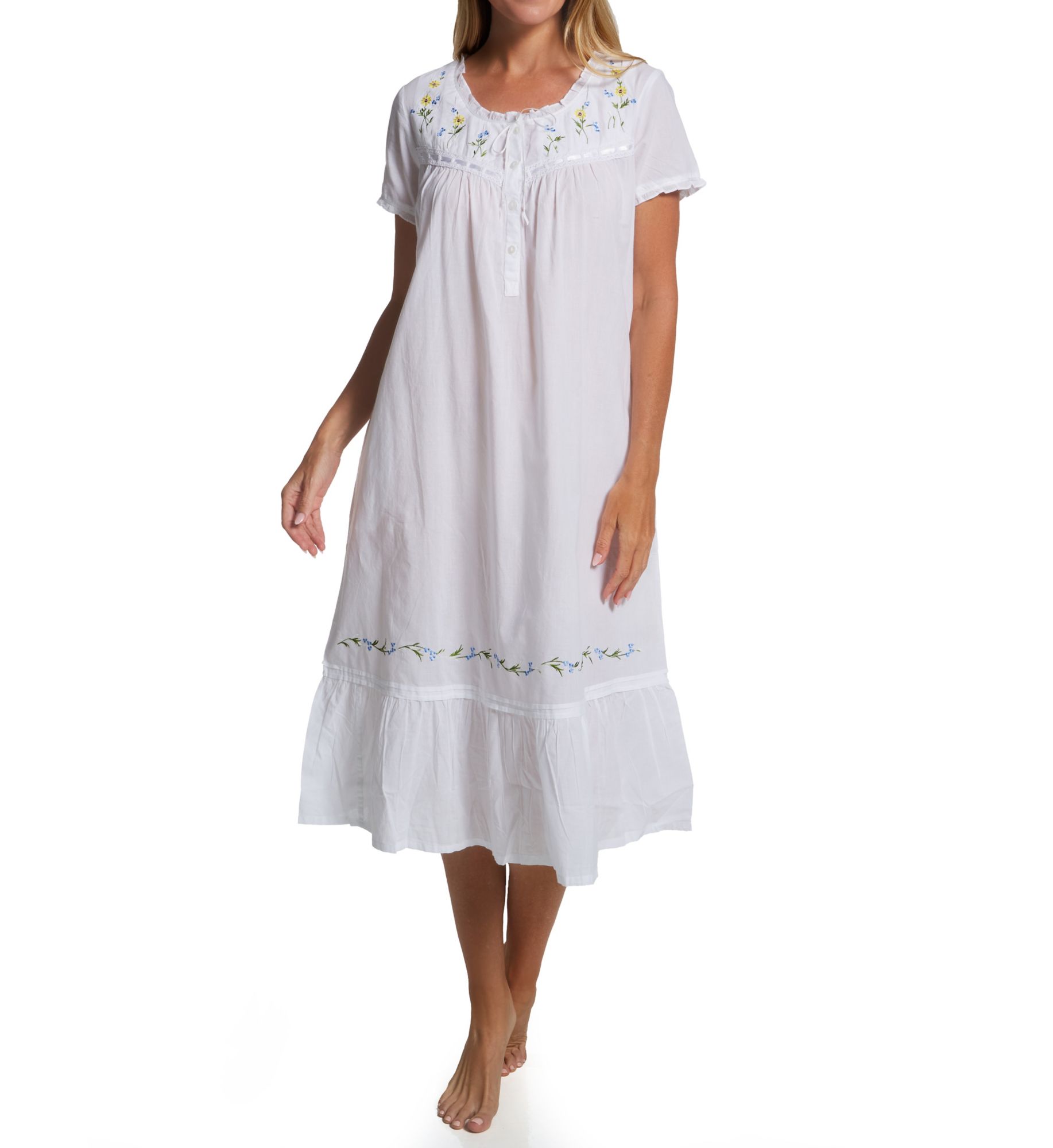 La Cera Women's 100% Cotton Woven Short Sleeve Gown with Pockets in White | Size: Small | HerRoom.com