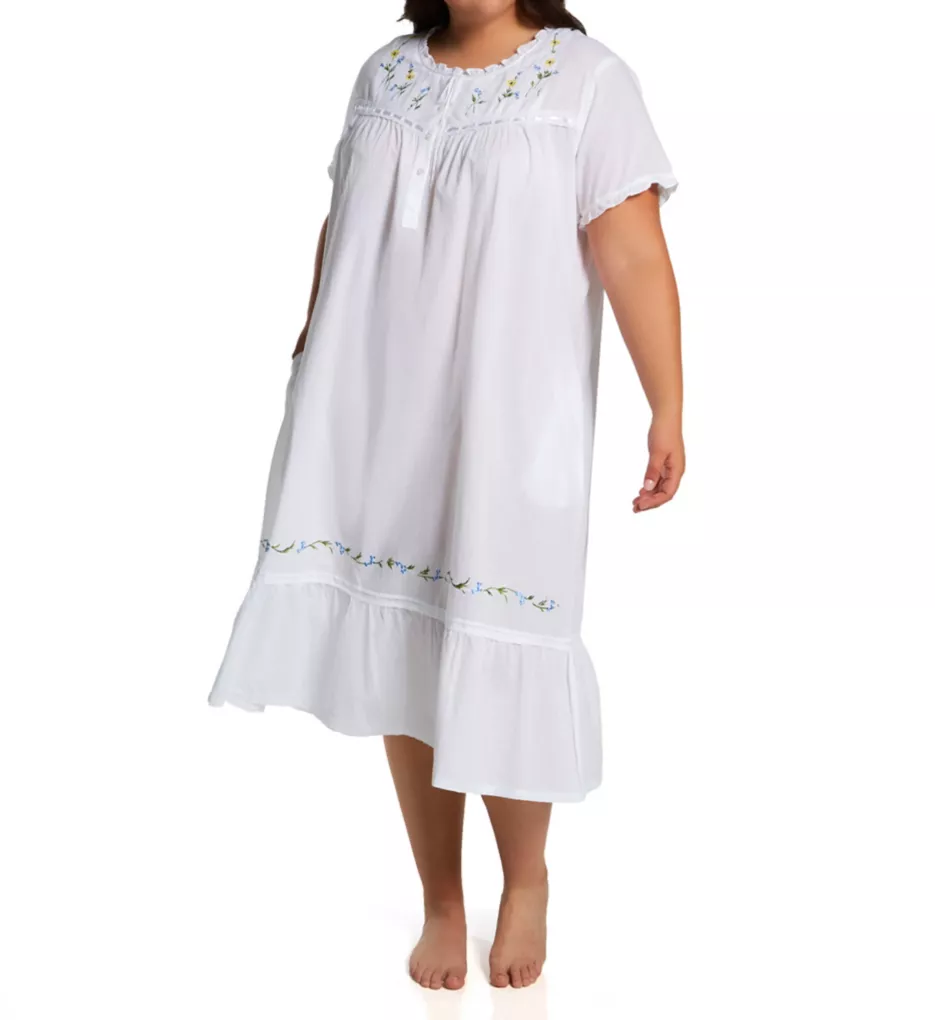 Plus 100% Cotton Woven S/L Gown with Pockets White 1X