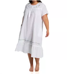 Plus 100% Cotton Woven S/L Gown with Pockets White 1X