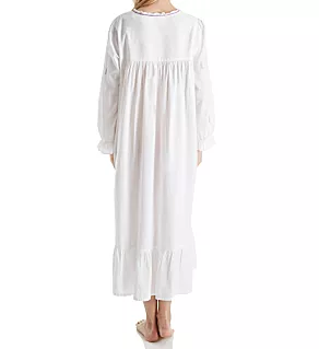 100% Cotton Woven Embroidery Long Sleeve Gown White/Lavender M