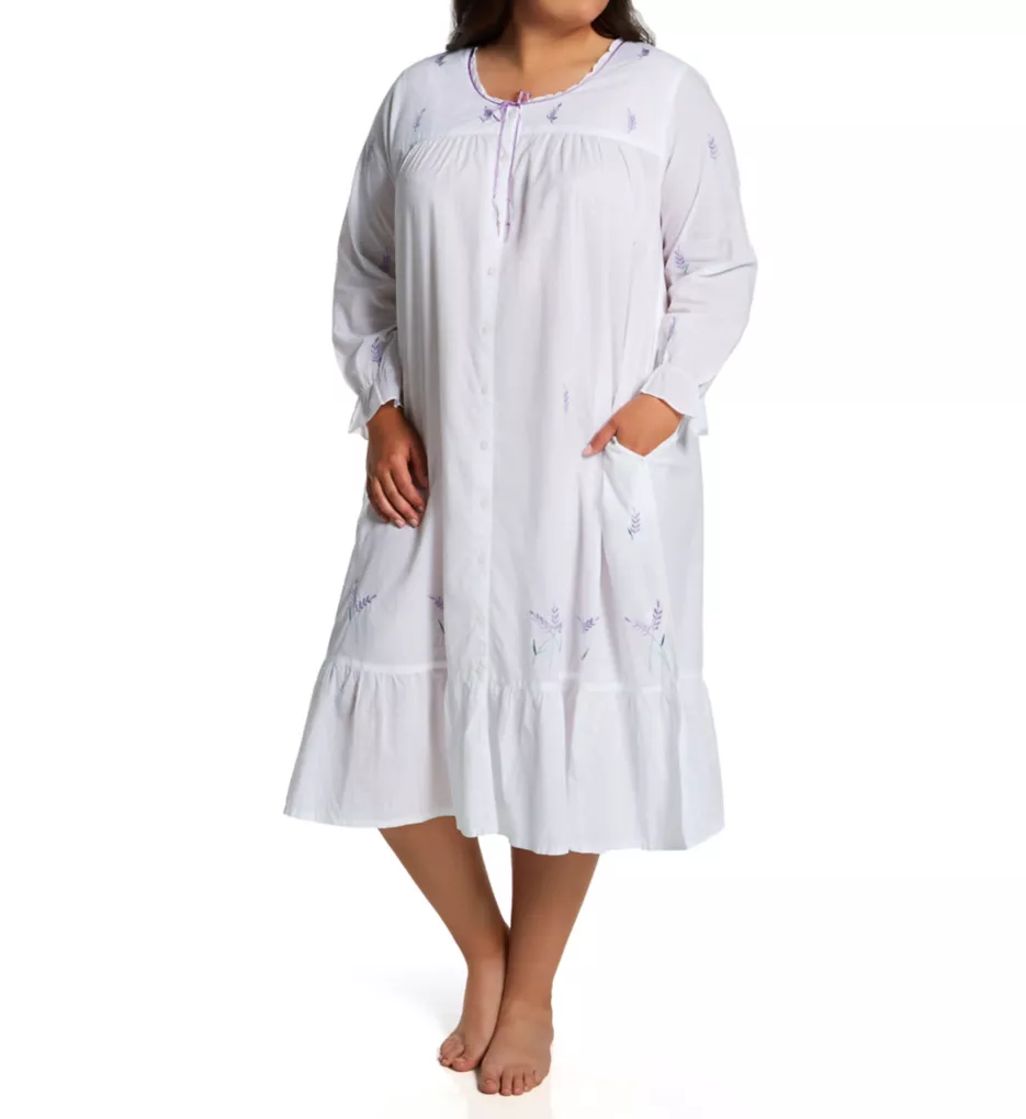 Plus 100% Cotton Woven Embroidery Long Sleeve Gown White/Lavender 1X