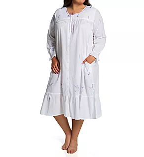 Plus 100% Cotton Woven Embroidery Long Sleeve Gown White/Lavender 1X