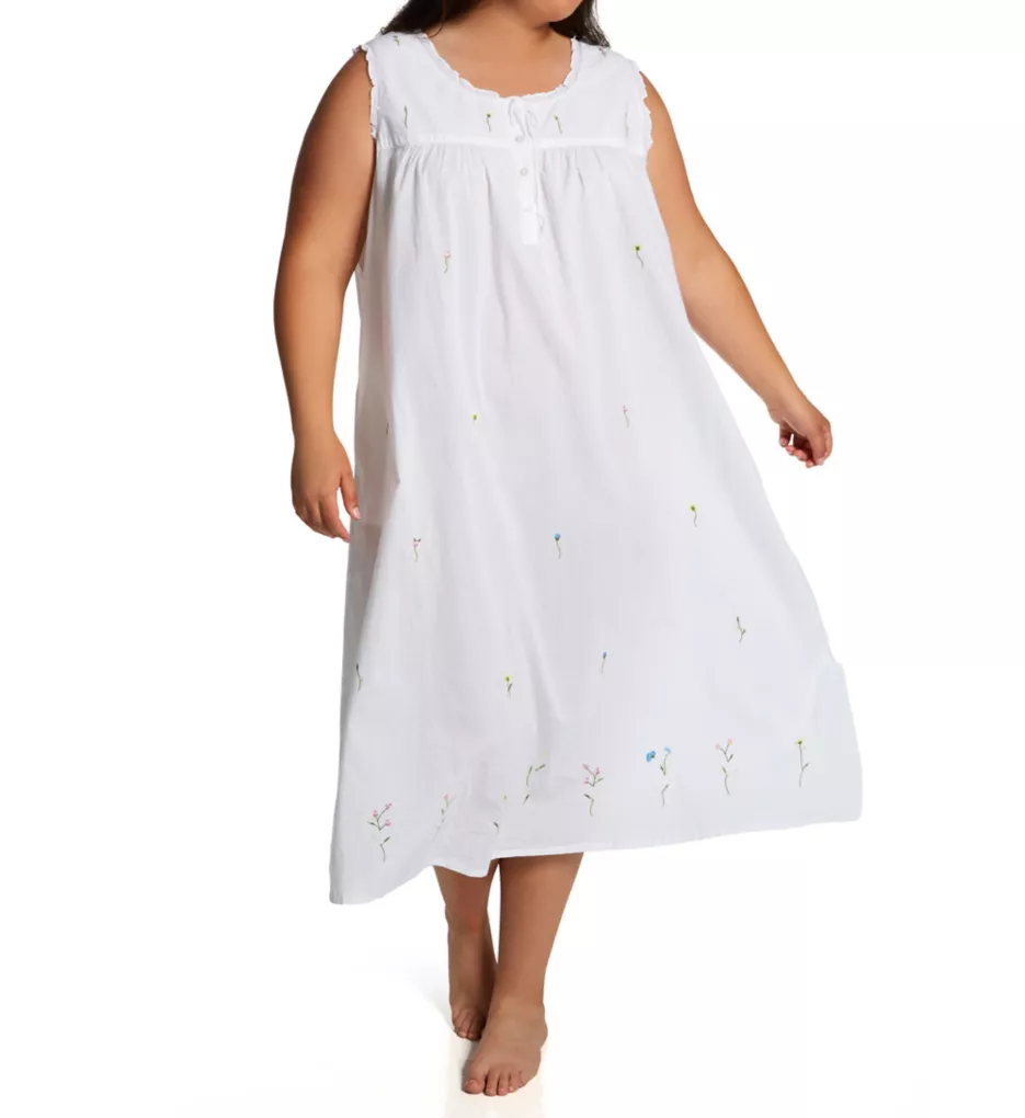Plus 100% Cotton Woven Sleeveless Long Nightgown White 1X