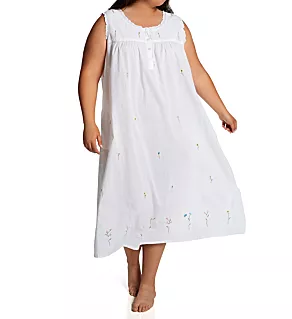 Plus 100% Cotton Woven Sleeveless Long Nightgown White 1X