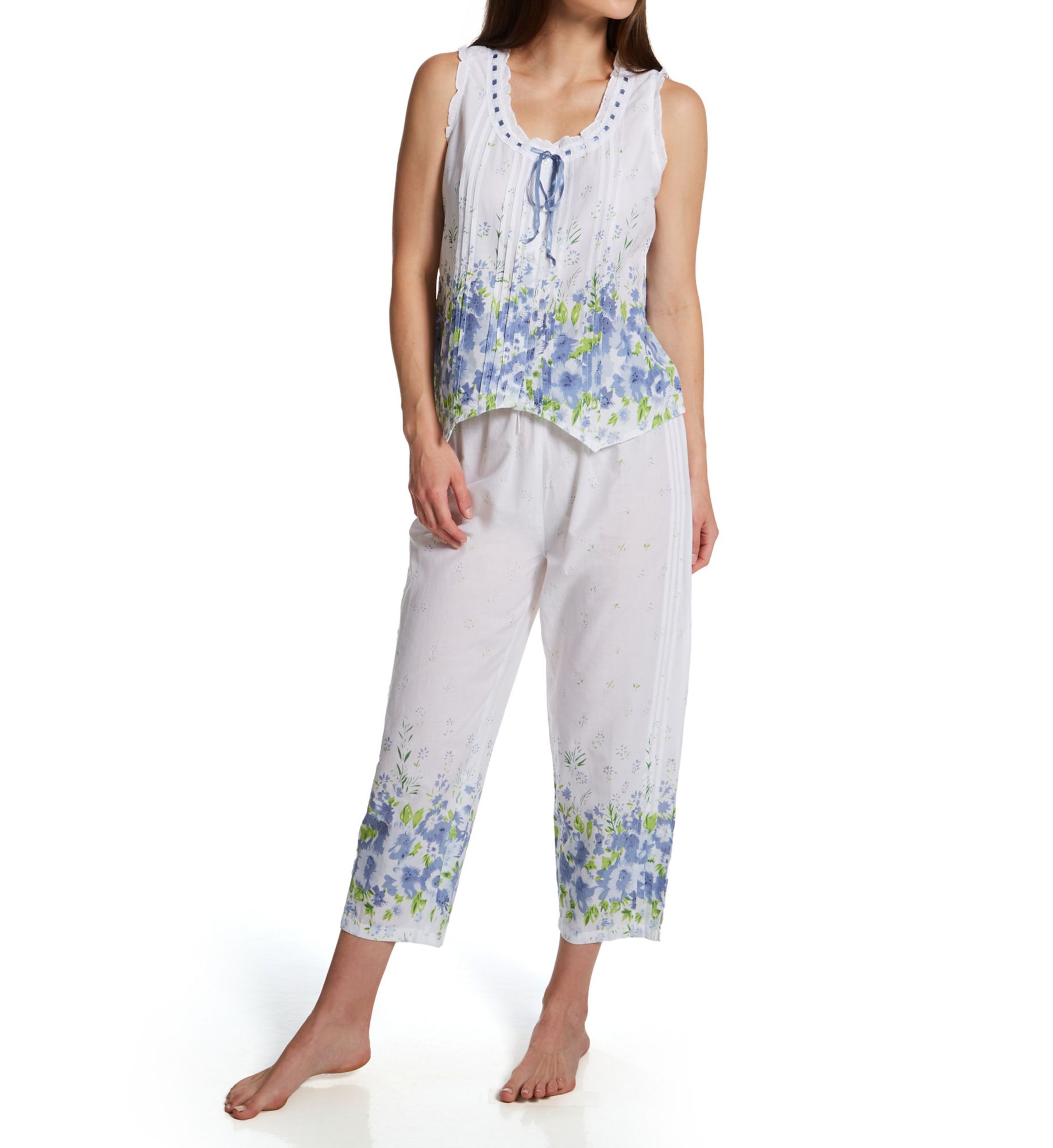 La Cera Women's 100% Cotton Woven Sleeveless Printed Pajama Set in Blue | Size: XL | HerRoom.com