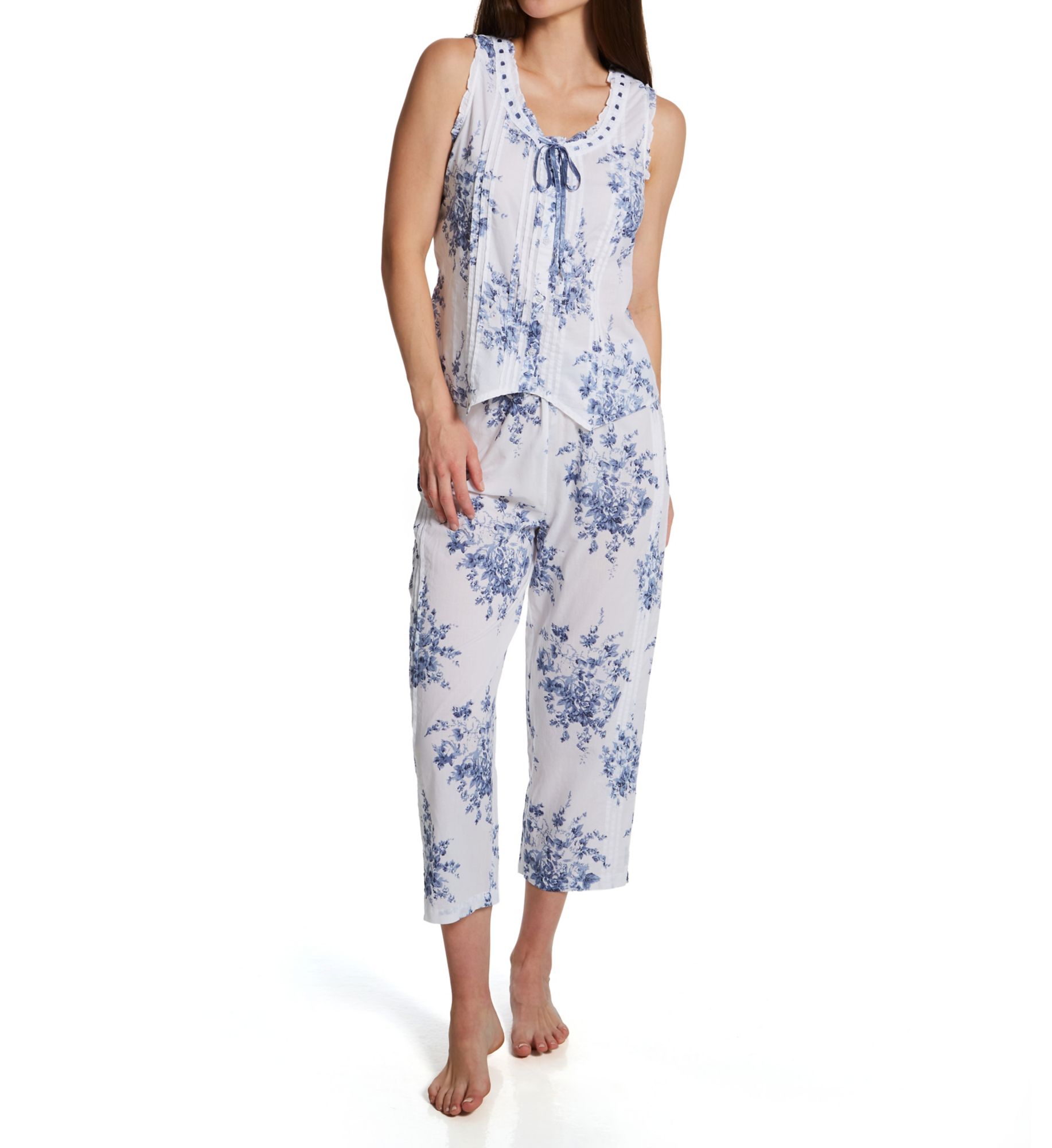 La Cera Women's 100% Cotton Woven Sleeveless Printed Pajama Set in Lrg. White/Blue Floral | Size: XL | HerRoom.com