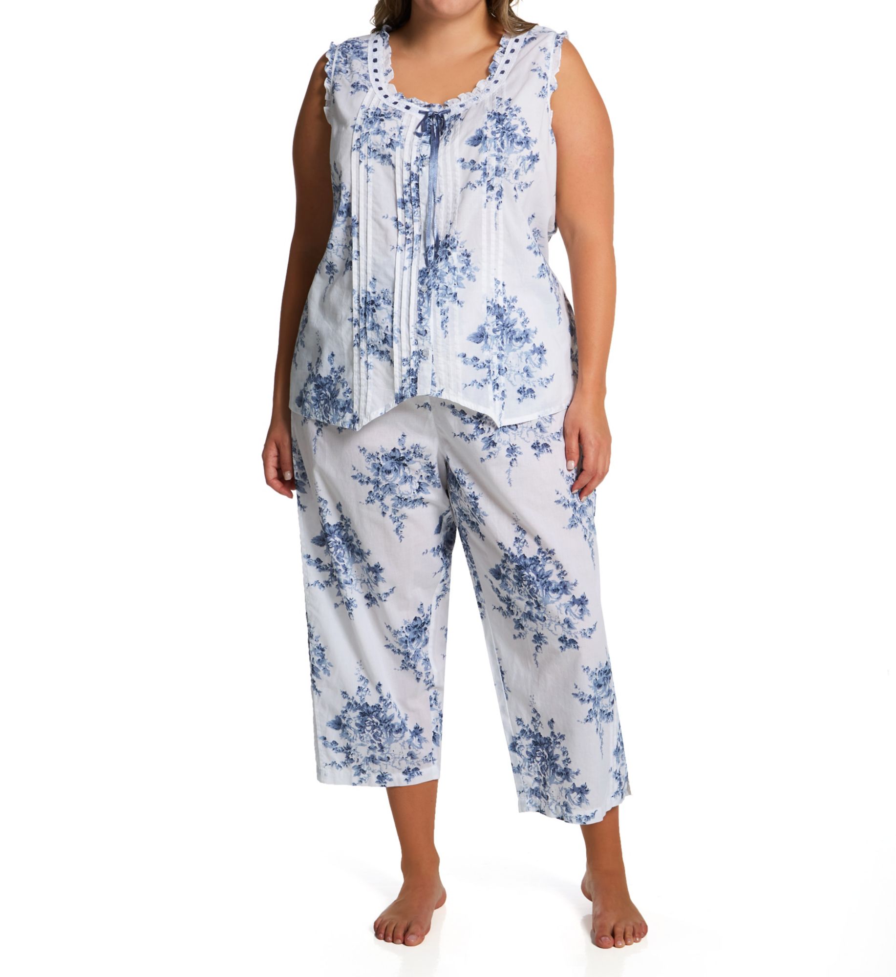 La Cera Women's Plus 100% Cotton Woven S/L Printed Pajama Set in Lrg. White/Blue Floral | Size: 3X | HerRoom.com