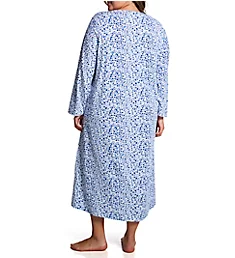 Plus Cotton Knit Long Sleeve Nightgown Blue/White Floral 1X