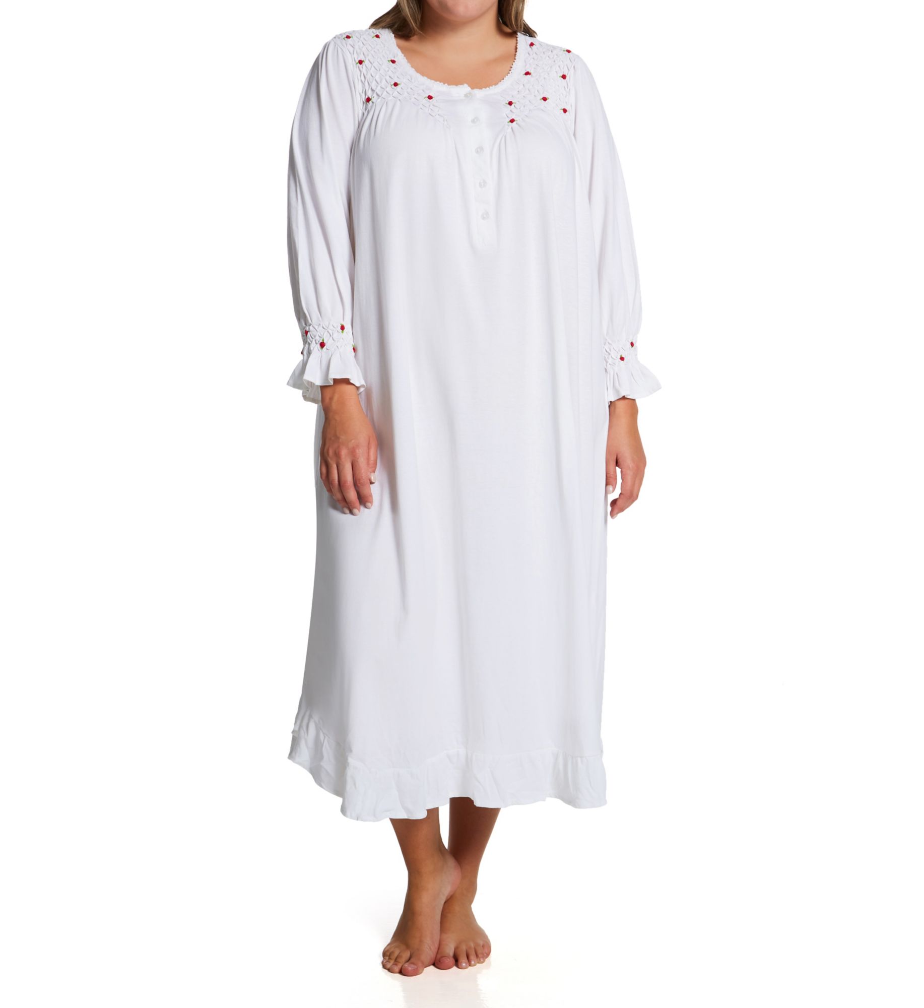La Cera Women's Plus 100% Cotton Knit Red Rose Long Sleeve Gown in White | Size: 2X | HerRoom.com