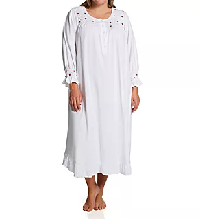 Plus 100% Cotton Knit Red Rose Long Sleeve Gown White 1X