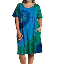 Plus 100% Cotton Bold Knit Lounge Dress Blue/Turquoise/Green 1X