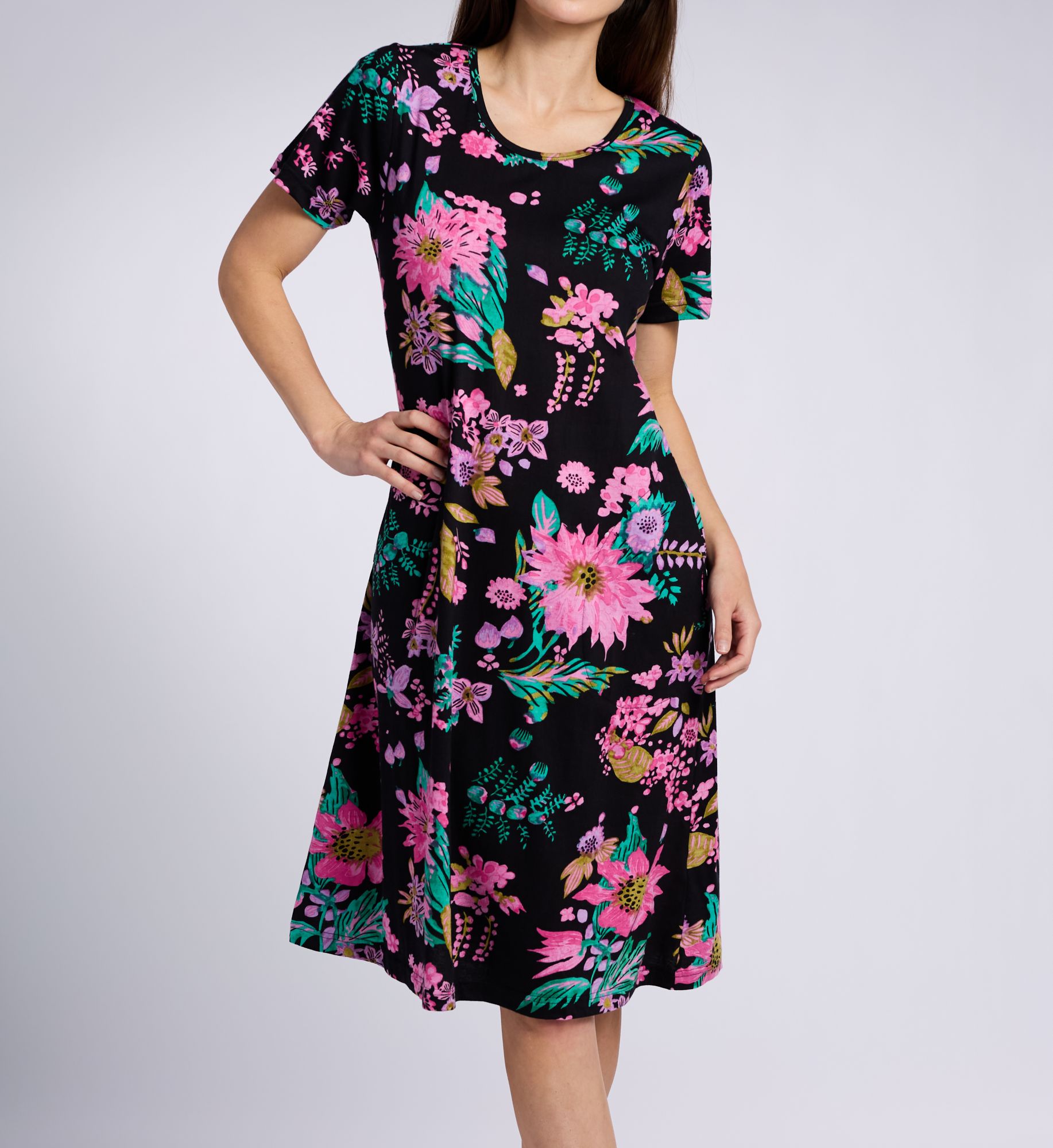 La Cera Women's 100% Cotton Knit Short Sleeve Lounge Dress in Black/Pink | Size: Large | HerRoom.com