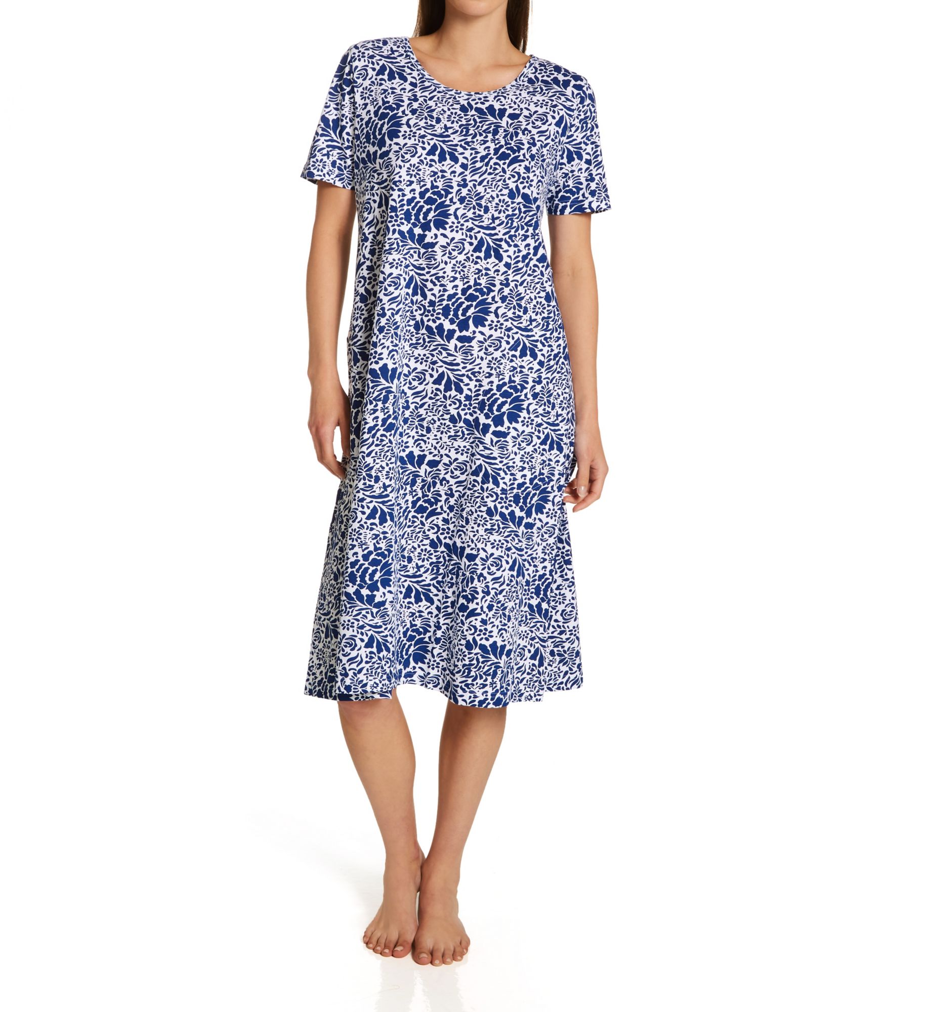 La Cera Women's 100% Cotton Knit Short Sleeve Lounge Dress in White/Blue | Size: XL | HerRoom.com