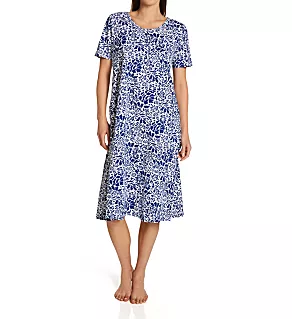 100% Cotton Knit Short Sleeve Lounge Dress White/Blue S