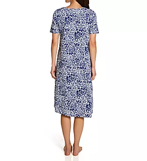 100% Cotton Knit Short Sleeve Lounge Dress White/Blue S