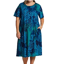 Plus 100% Cotton Knit Short Sleeve Lounge Dress blue 1X