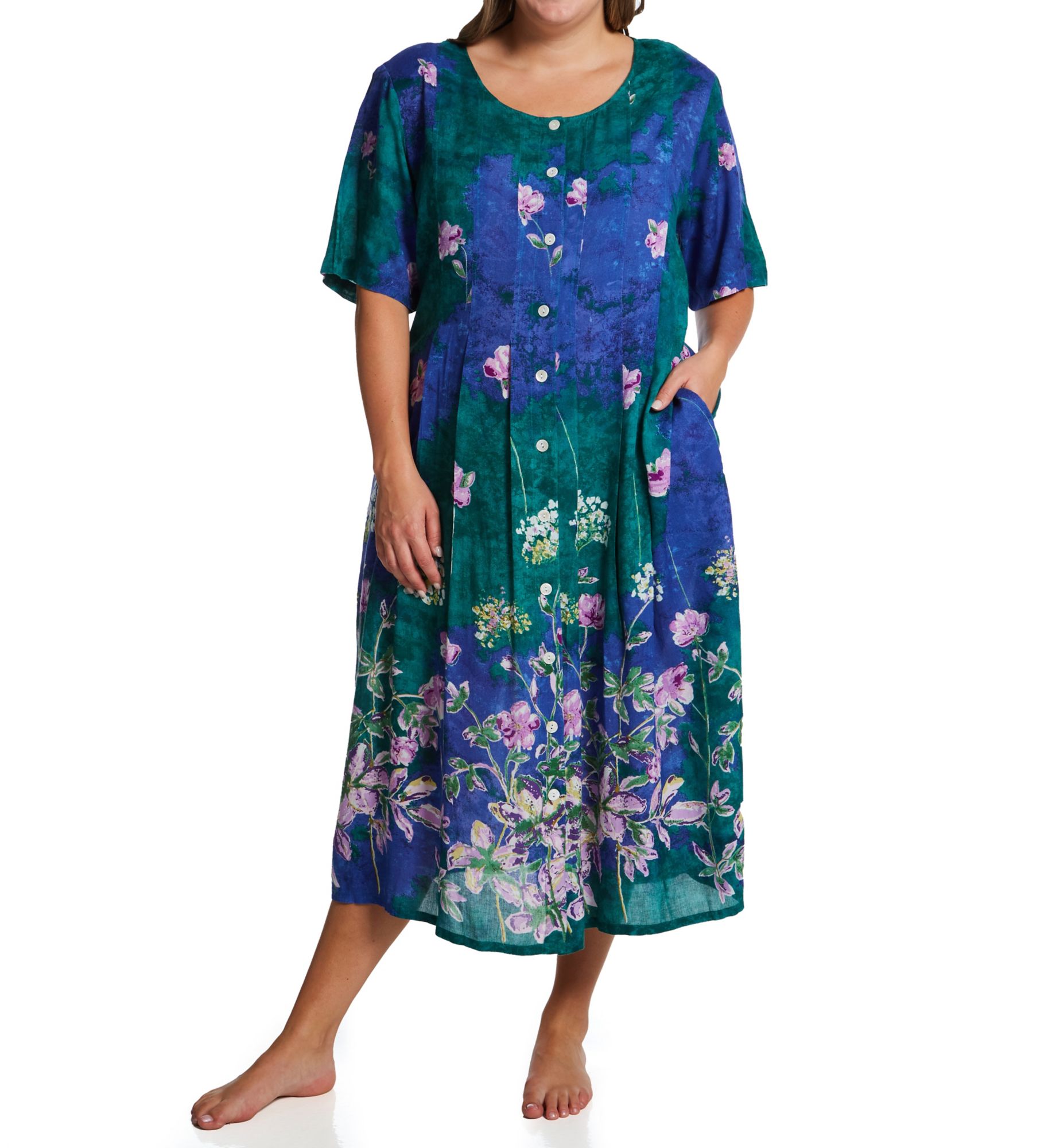 La Cera Women's Plus Button Front Rayon Long Lounge Dress in Teal/Blue | Size: 4X | HerRoom.com