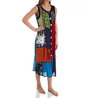 Button Front Patchwork Rayon Lounge Dress Red S