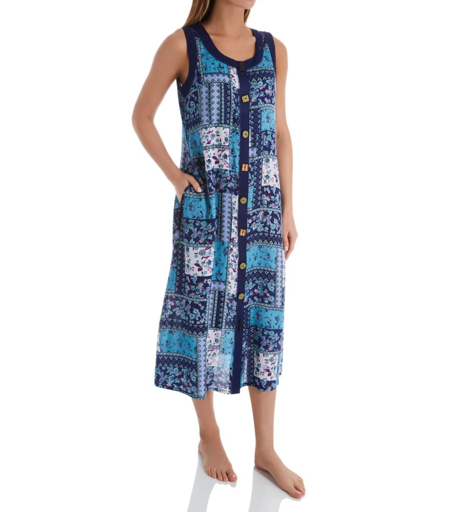 Button Front Sleeveless Lounge Dress with Pockets Blue S