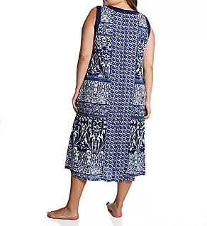 Plus Button Front S/L Lounge Dress with Pockets Blue 4X