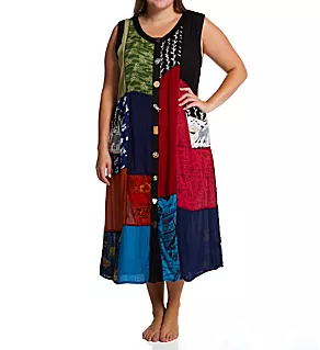 Plus Button Front Patchwork Rayon Lounge Dress