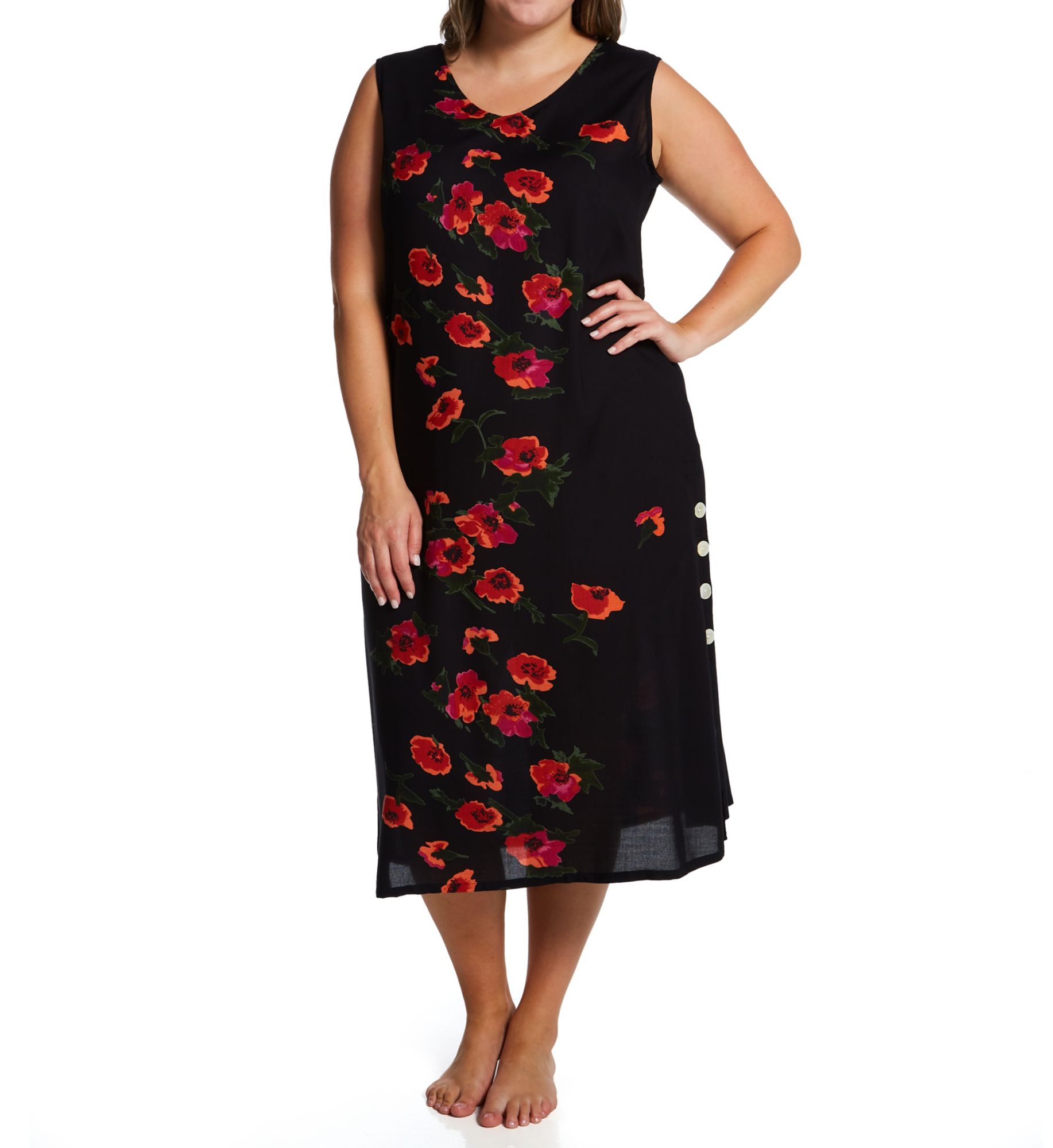 La Cera Women's Plus Sleeveless Rayon Floral Lounge Dress in Black/Red | Size: 3X | HerRoom.com