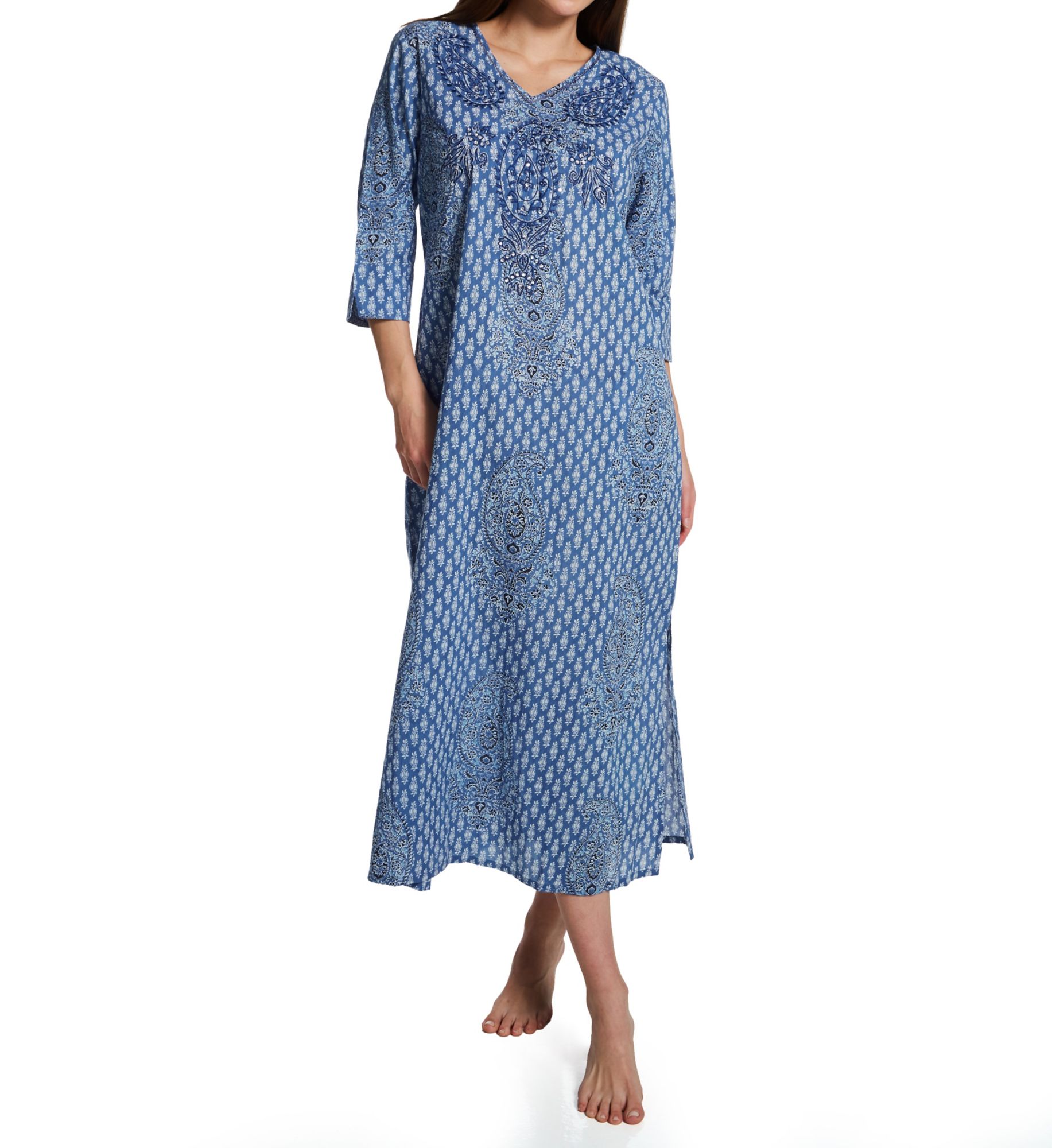 La Cera Women's 100% Cotton Sequin Caftan in Blue Paisley | Size: Medium | HerRoom.com