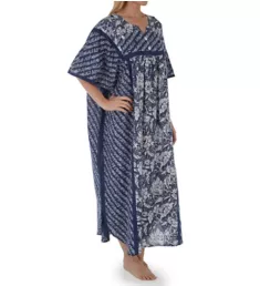 100% Cotton Block Pattern Caftan White/Navy O/S