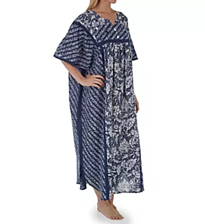 100% Cotton Block Pattern Caftan White/Navy O/S
