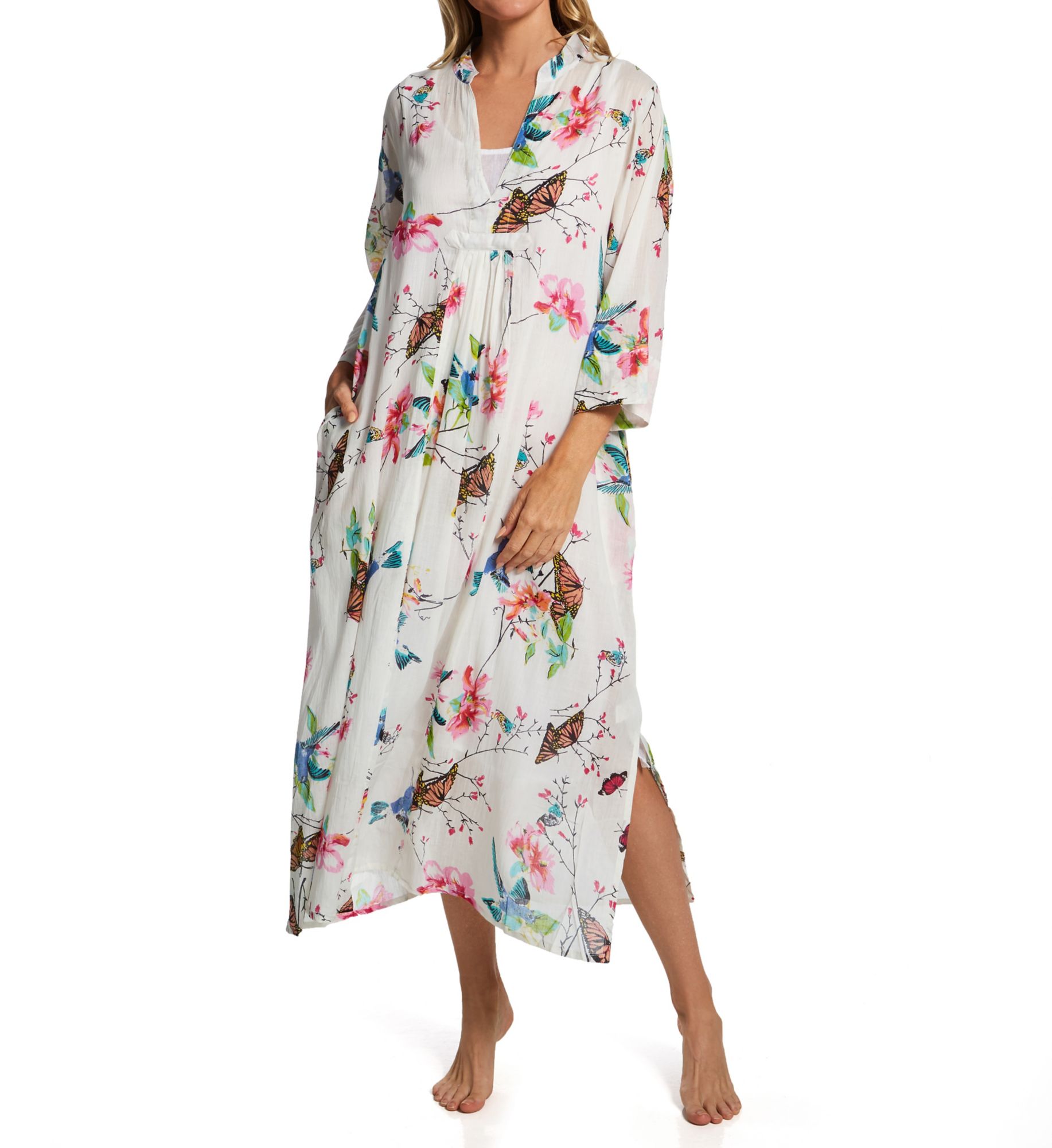 La Cera Women's 100% Cotton Voile Lined Hummingbird Print Caftan in White/Hummingbird | Size: XL | HerRoom.com