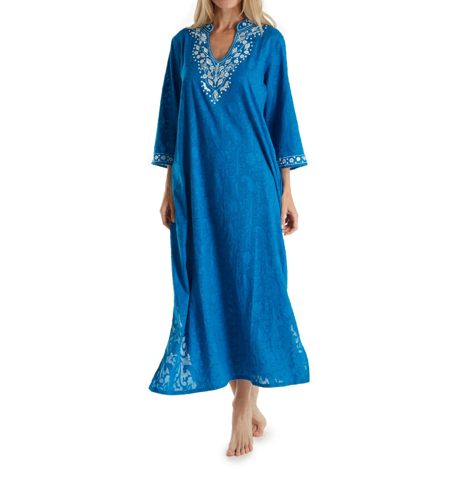 La Cera Women's 100% Cotton Woven Embroidered Jacquard Caftan in Royal | Size: XL | HerRoom.com