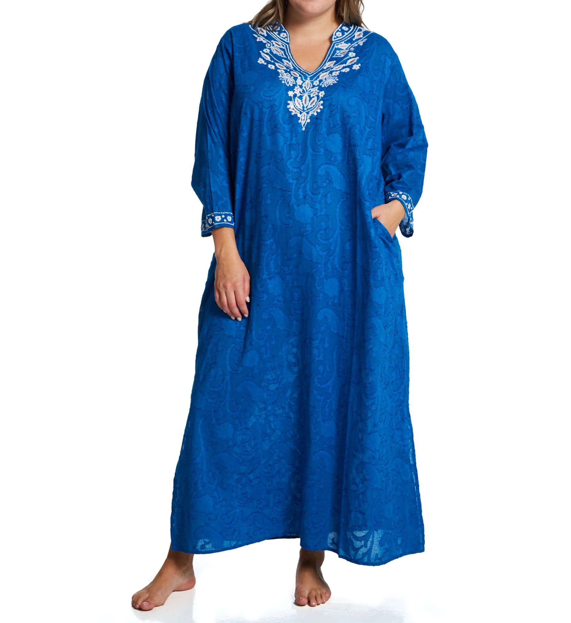 La Cera Women's Plus 100% Cotton Woven Embroidered Jacquard Caftan in Royal | Size: 3X | HerRoom.com