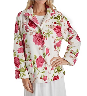 LA CERA Womens Pink Roses Bed Jacket Polyester Fleece Button Front Jacket