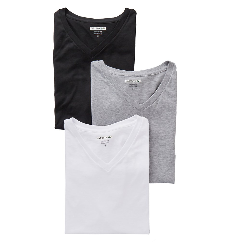 Lacoste RAM8801 Essentials 100% Cotton V-Neck T-Shirts - 3 Pack (Black/Grey/White)