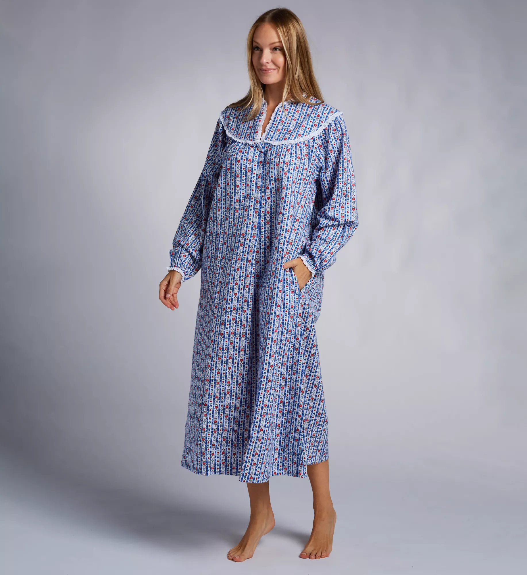 Lanz Of Salzburg Classic Open Neck Flannel Gown – Long Sleeve Cotton Nightgown With Eyelet Lace