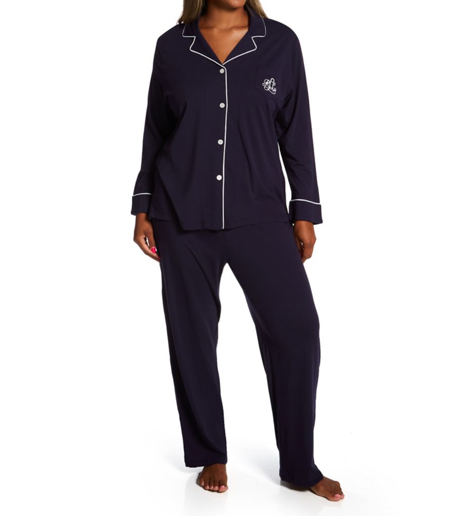 Plus Hammond Knits Long Sleeve Notch Collar PJ Set Windsor Navy 1X