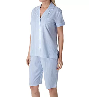 Short Sleeve Notch Collar Bermuda PJ Set French Blue White S