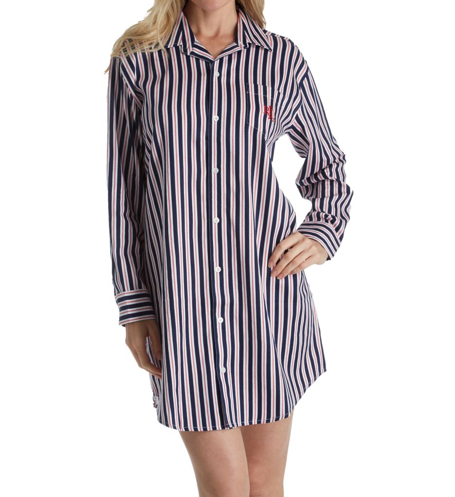 Navy Stripe Classic Sateen Long Sleeve Sleepshirt-fs