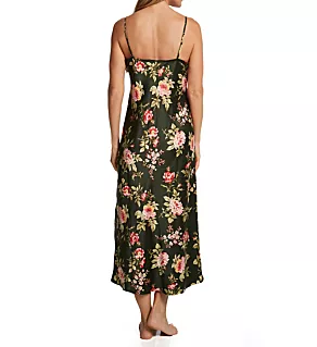 Satin Sleeveless Gown with Side Slits Green Floral L