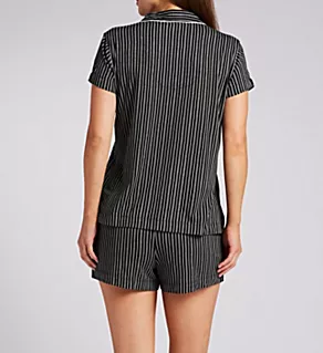 Short Sleeve Notch Collar Boxer PJ Set Black Stripe L