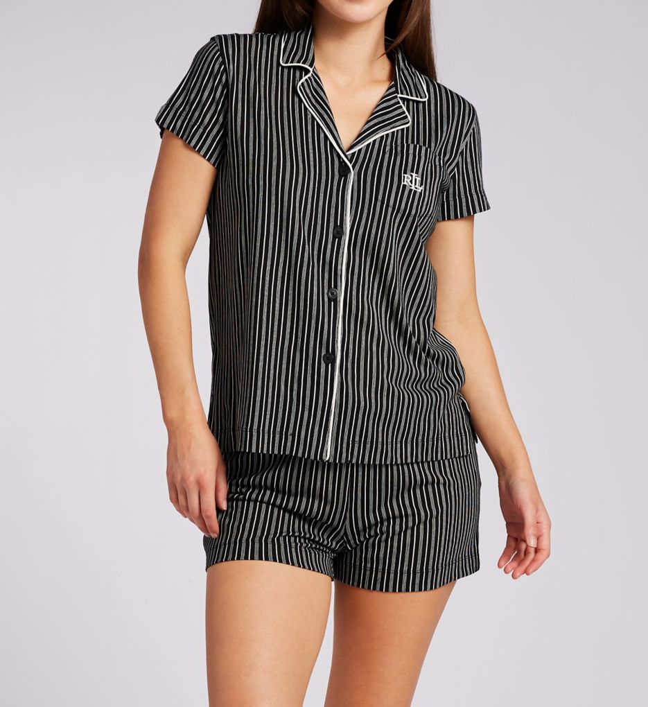 Lauren Ralph Lauren Short Sleeve Notch Collar Boxer PJ Set Black Stripe XS  - Image 1