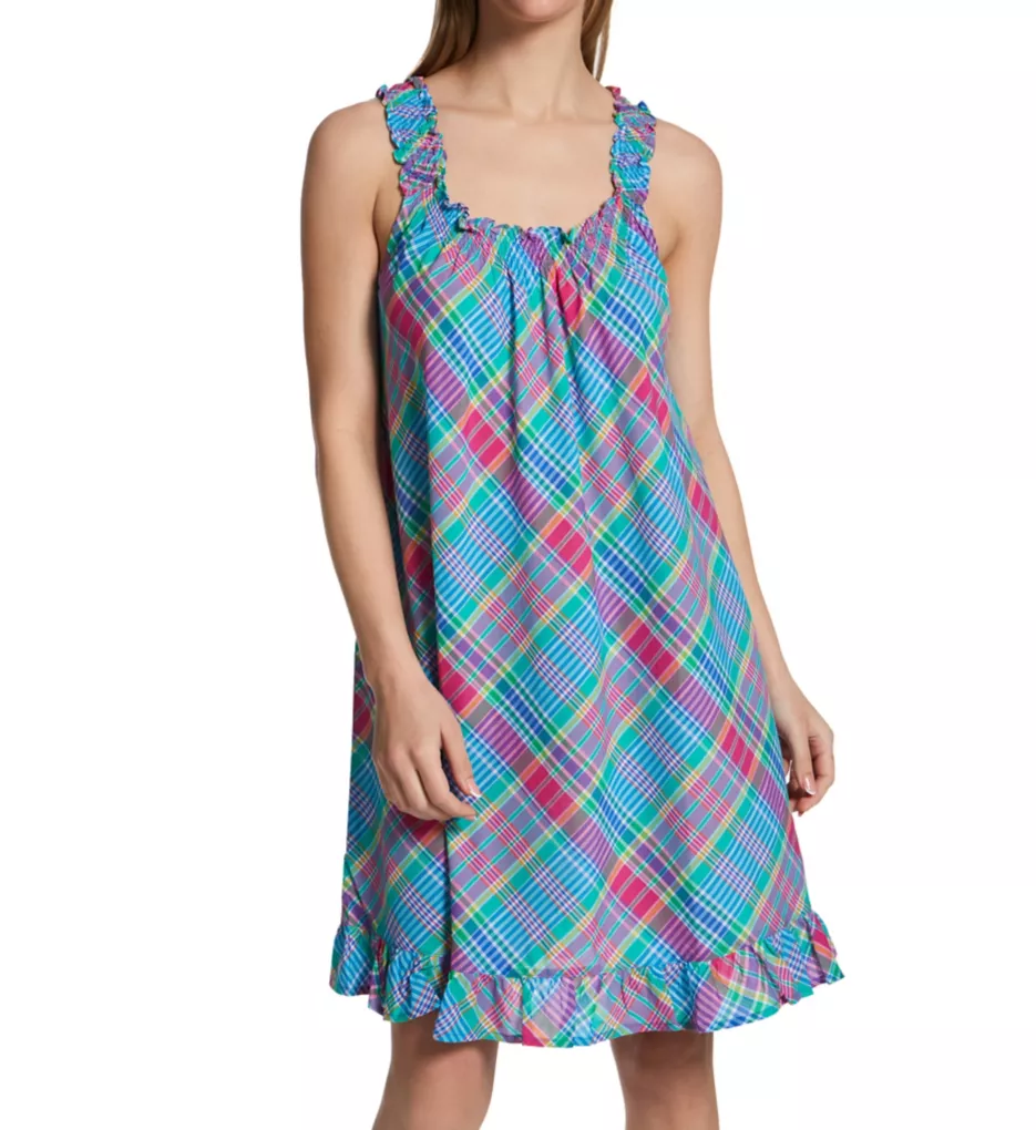 Classic Woven Sleeveless Smocked Neck Flounce Gown Multi Plaid L