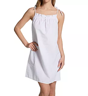 Seersucker Sleeveless Tie Strap Smocked Neck Gown White M