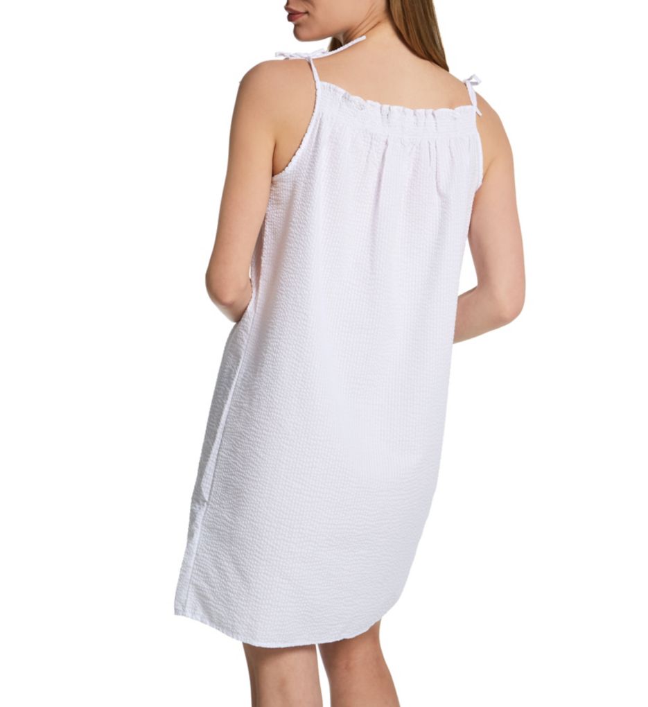 Seersucker Sleeveless Tie Strap Smocked Neck Gown-bs